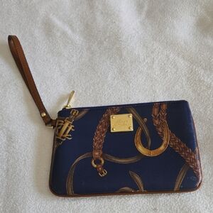Lauren Ralph Lauren Equestrian Navy and Tan Wristlet with Gold Accents
